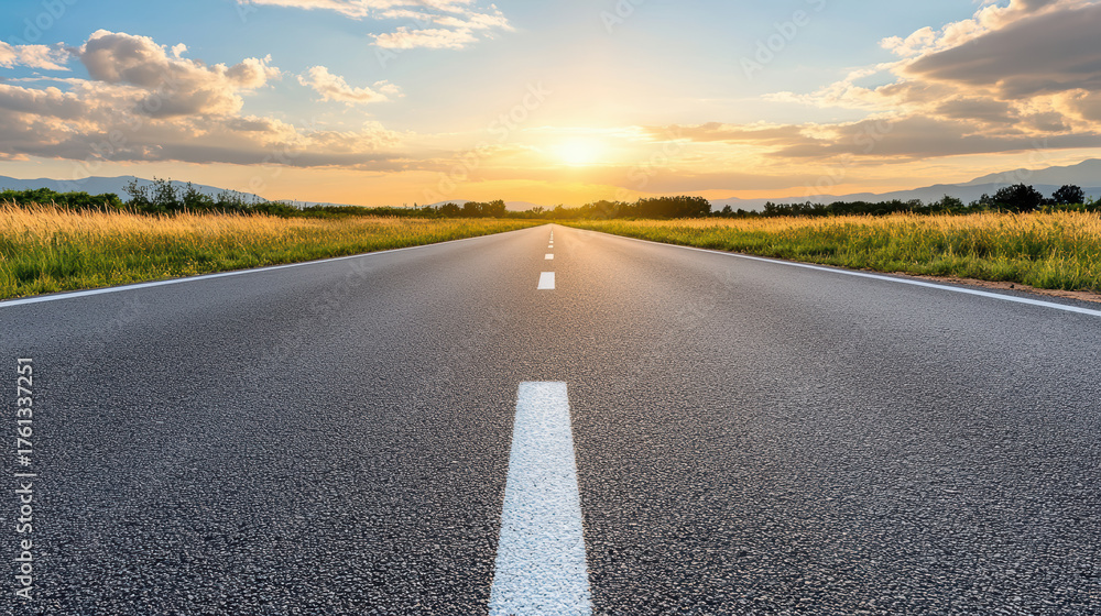 Naklejka premium Open road stretching to horizon under sunlight, inviting journey filled with possibilities