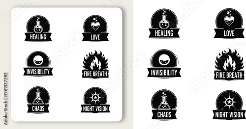 Fantasy potion icons representing healing love invisibility and chaos in a monochrome layout