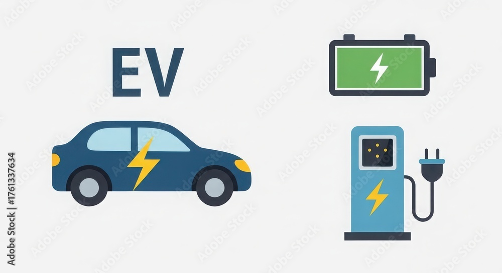 Naklejka premium Electric vehicle charging station with battery icon and ev car symbol representing sustainable transportation and green energy solutions illustration