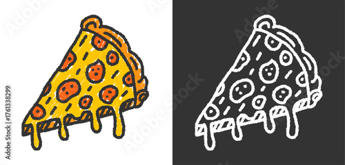 Hand drawn crayon style pizza slice illustration with pepperoni and cheese, perfect for food designs, posters, stickers, and digital artwork