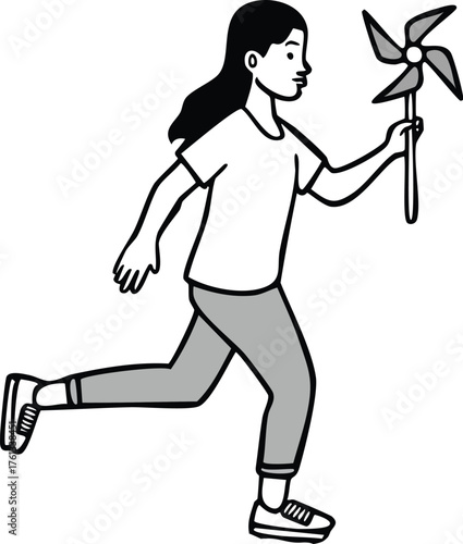 Cheerful young girl running with a pinwheel, a playful and dynamic vector illustration capturing the simple joy of childhood, outdoor fun, and imaginative play in a minimalist line art style