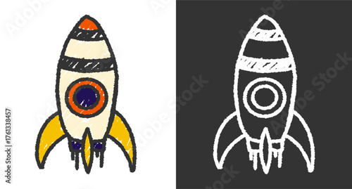 Hand drawn crayon style colorful space rocket ship illustration, perfect for kids designs, posters, stickers, and creative digital artwork