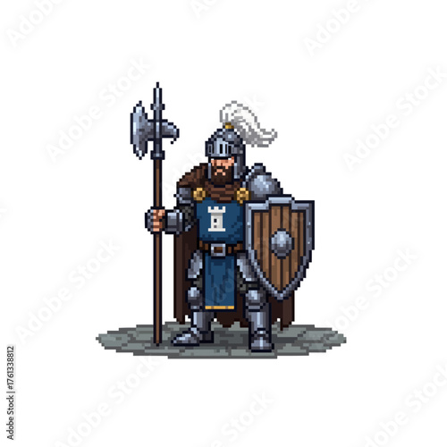 pixel art medieval knight warrior with halberd and shield, fantasy game character sprite.