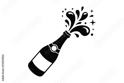 Champagne bottle popping with bubbles and stars