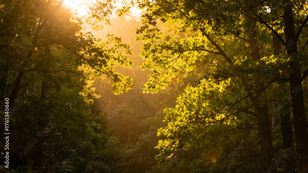 Obraz premium Sunlight filtering through forest trees