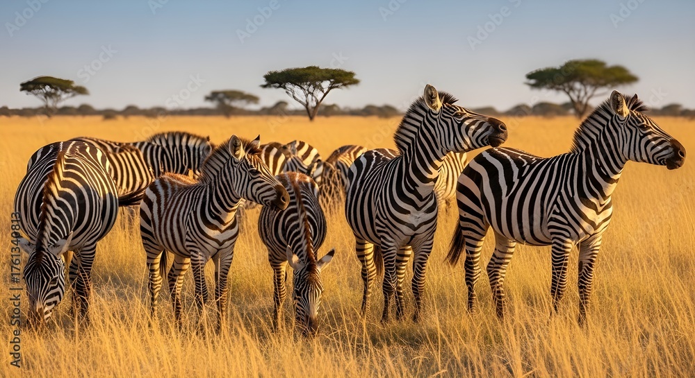 Naklejka premium Stunning zebra herd grazing in golden light at sunset in the African savanna grasslands