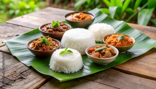 Traditional Indonesian Nasi Padang Meal on Banana Leaf
