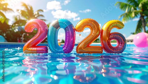 Colorful 2026 Balloons Floating in a Swimming Pool on a Sunny Day.