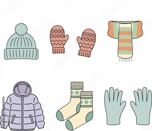 Winter Clothes Flat Icon Set Knitted Hat, Mittens, Scarf, Puffer Jacket, Socks and Gloves