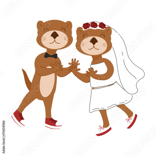 Cute Cartoon Otter Bride and Groom Wedding Couple, valentine or wedding decoration