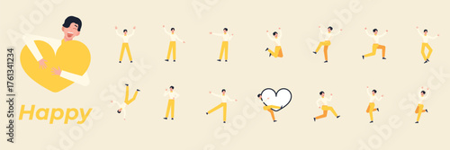 set of flat vector illustrations showing a happy man expressing joy and excitement in various cheerful poses, perfect for positive lifestyle and celebration designs.