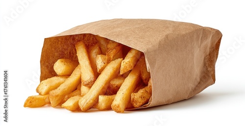 Crispy golden french fries spilling from a brown paper bag.