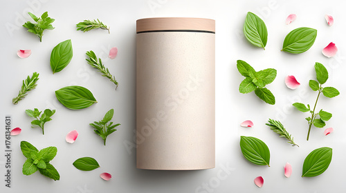 Herbal tea tin organic minimal beige cylindrical wooden lid mint basil rosemary petals calm wellness packaging white background with fresh leaves and soft pink petals, clean studio mockup