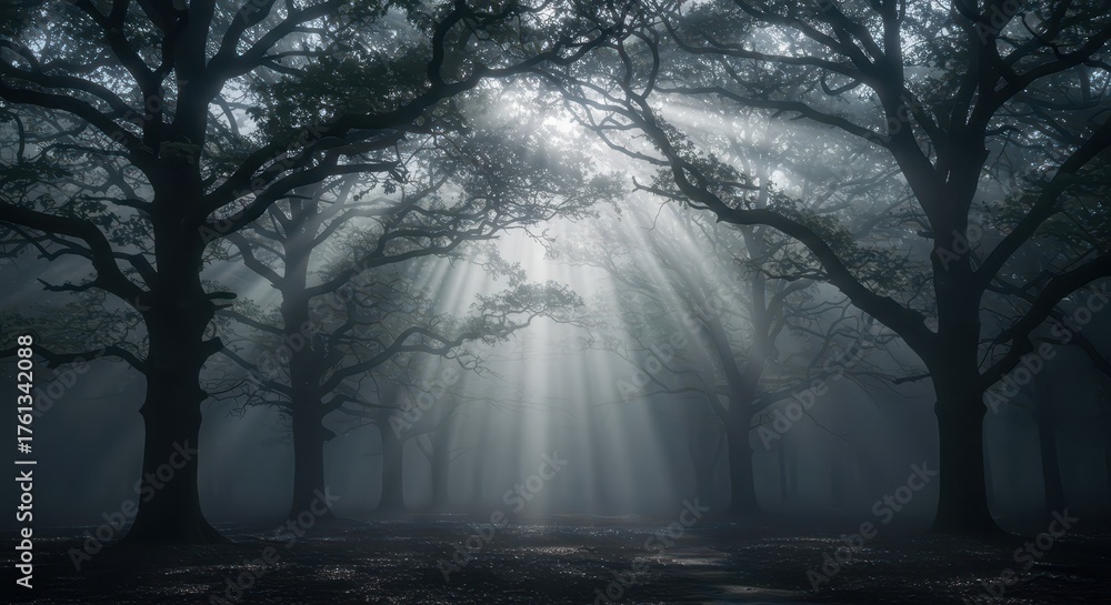 Obraz premium Sunbeams pierce a misty forest with ancient, bare trees.