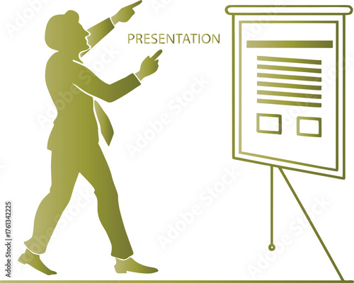 Businessman Pointing at Presentation Board with Word Presentation easel