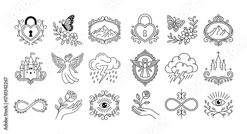 Simple Outline Illustrations Lock Angel Butterfly Cloud Castle Hand Rose Eye
