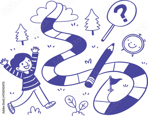 Cheerful Boy Running Along A Winding Path With School And Game Elements.
