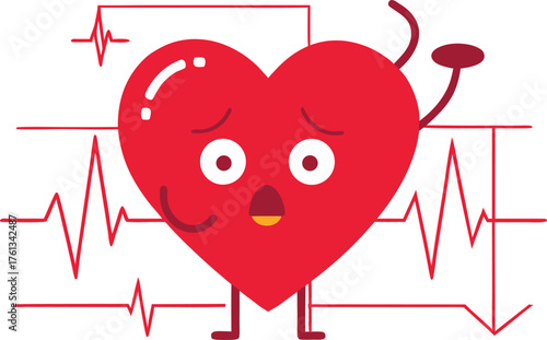 Cartoon red heart character with surprised expression on a background of electrocardiogram lines shocked