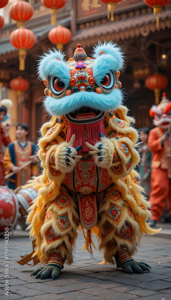 Obraz premium Traditional Chinese dragon dance during a festive parade, vibrant and cultural celebration. 