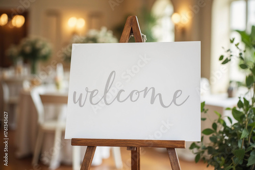 A blank white welcome sign mockup, on an easel during a wedding party. 3d rendering.
