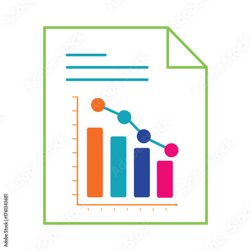Business report document featuring declining bar and line graphs showing downward trend vector