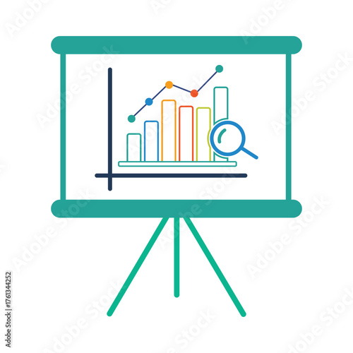 Business growth chart presentation with magnifying glass analyzing data vector