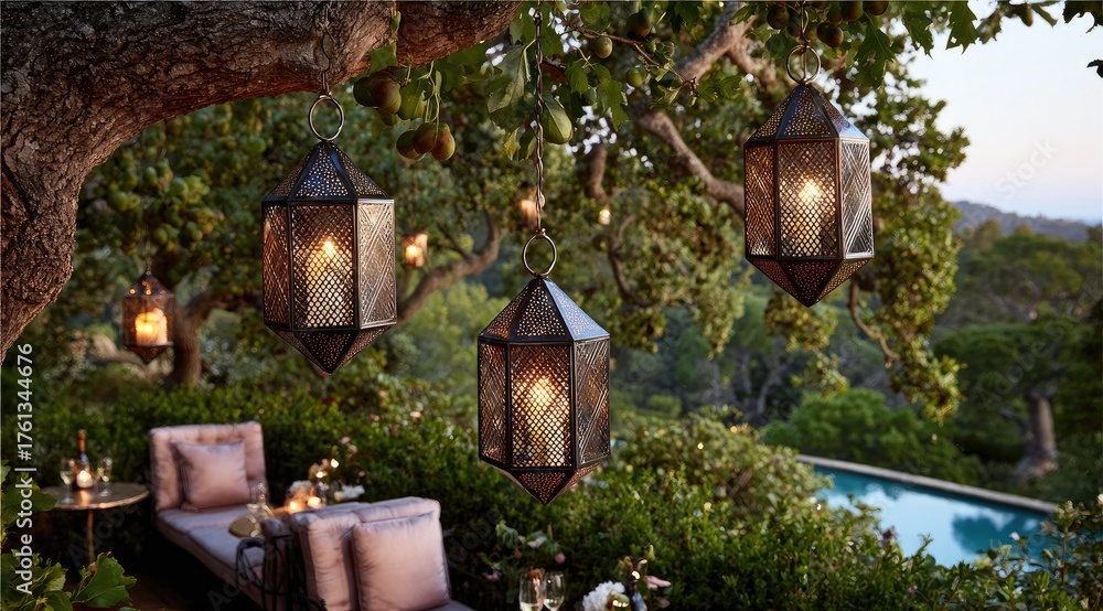 Naklejka premium Enchanting Tree with Hanging Lanterns in a Lush Garden.