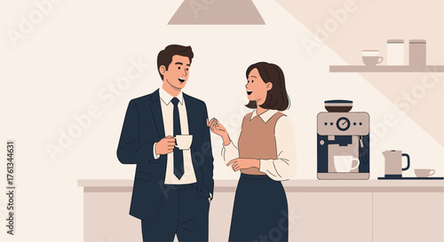 Business partners enjoying coffee break discussing strategy in bright office space, fostering collaboration and team building during workday