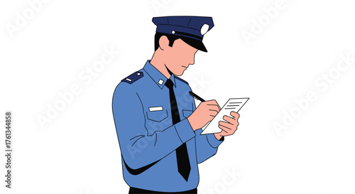 Law enforcement officer diligently writing report or taking notes on the scene, focused and professional in blue uniform