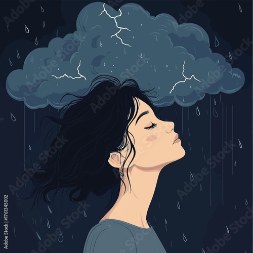 A woman with eyes closed stands beneath a rain cloud with lightning, representing sadness, depression, or mental health issues.   , vector style simple color
