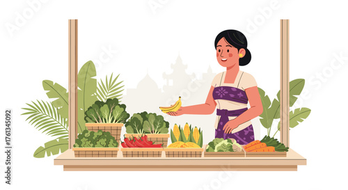 Cheerful Balinese woman selling fresh produce at local market offering vibrant organic vegetables and fruits for healthy eating lifestyle