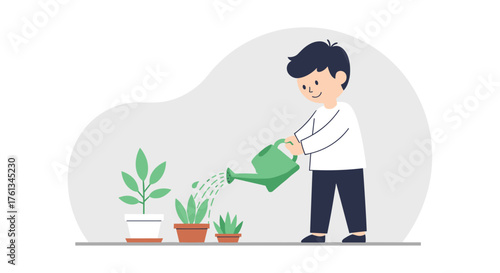 Cute boy waters plants with watering can, fostering growth and nurturing nature's beauty, perfect for eco-friendly campaigns and cheerful designs