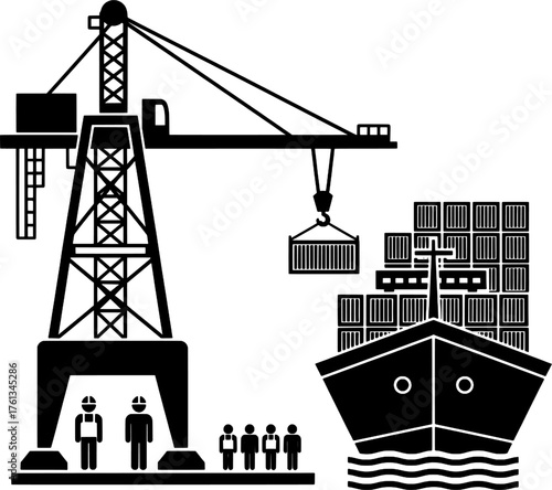 Shipping Port Cargo Crane and Container Ship Icon