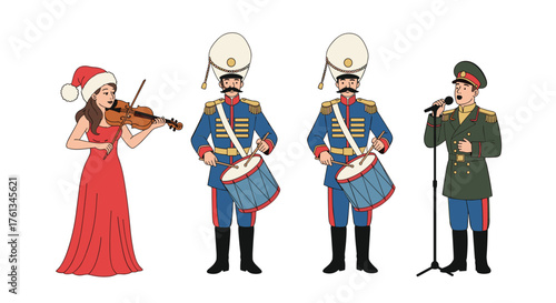 Holiday cheer with marching band and festive violinist spreading joy, perfect for Christmas events and seasonal marketing campaigns