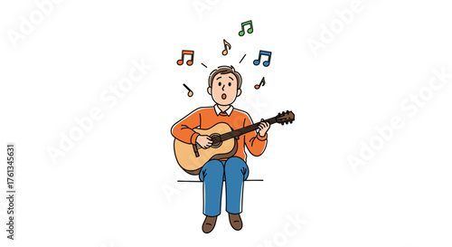Passionate musician singing and playing acoustic guitar with vibrant music notes floating around him, a charming illustration for musical creativity