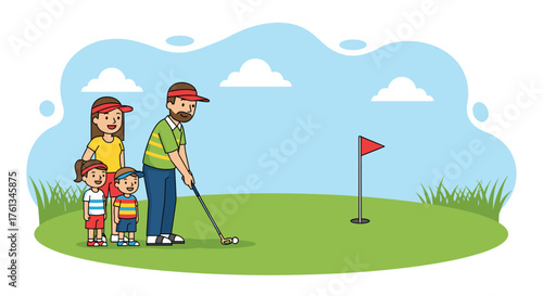Joyful family enjoys a sunny day playing golf together, creating cherished outdoor memories and promoting healthy recreation