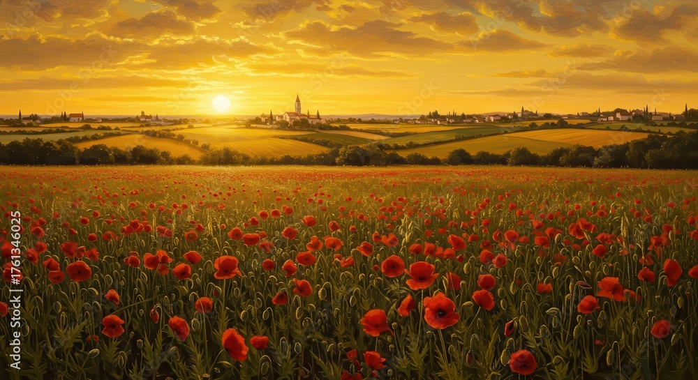Fototapeta premium Golden sunset illuminates a vibrant field of poppies and distant rolling hills.