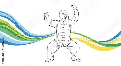 Graceful woman practicing Tai Chi, embodying balance and tranquility in a serene, flowing movement against a vibrant abstract background
