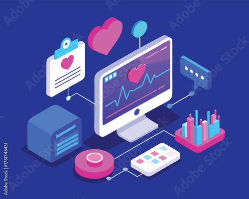 Isometric illustration of a computer screen displaying a heart rhythm, connected to medical devices and data
