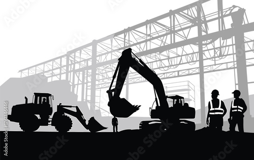 Construction site silhouette with excavators bulldozer and workers against a steel structure