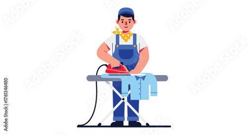 Cheerful worker skillfully ironing a crisp blue shirt on an ironing board, ready for a polished appearance