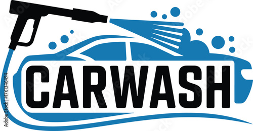 Modern carwash logo design featuring a pressure washer spraying a stylized car silhouette