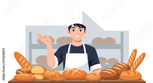 Friendly baker proudly presents delicious freshly baked bread assortment in charming bakery shop