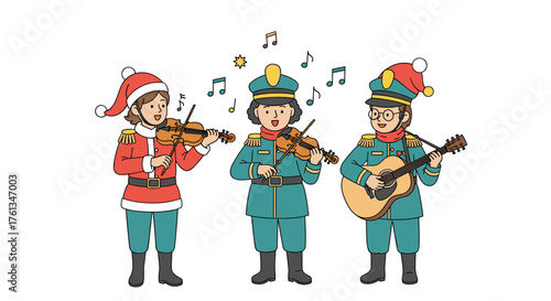 Joyful trio plays festive holiday music with violins and guitar, spreading cheer in charming cartoon style