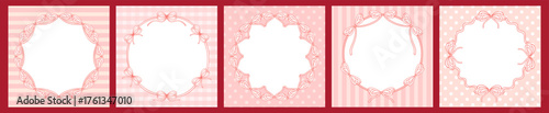 Vintage elegant vector frames with ribbons. Set of round frames with bows on pink design background. Festive border for cards or invitations. Whimsical pretty round frames