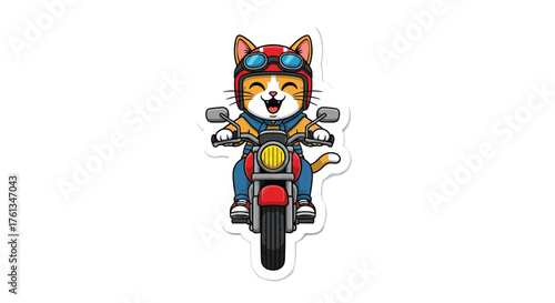 Joyful cat biker zooms on motorcycle wearing helmet and goggles, ready for adventure and fun road trips