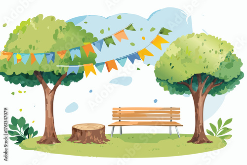 Illustration of park with trees and decorations