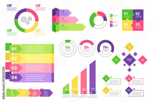 Infographic set with vibrant charts and diagrams presenting various data trends and statistics. Each section using unique shapes and colors to enhance readability and understanding