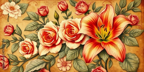 Intricate, blooming rose and lily pattern on antique wallpaper, roses, antique floral