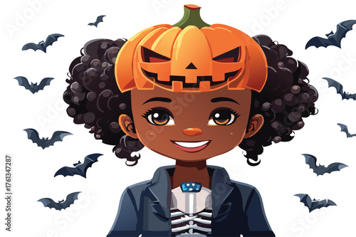 Cartoon girl with pumpkin hat and bats illustration